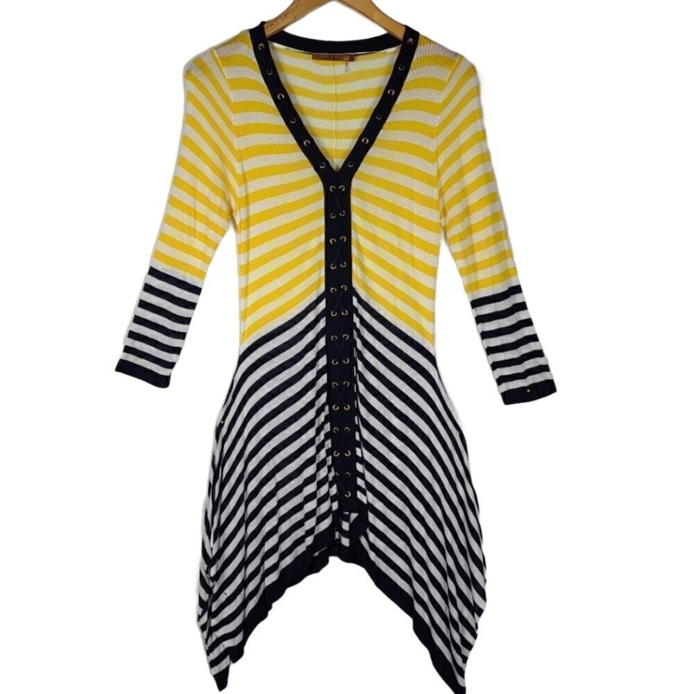 Belldini Yellow & Blue Striped Lace Up Tunic Dress